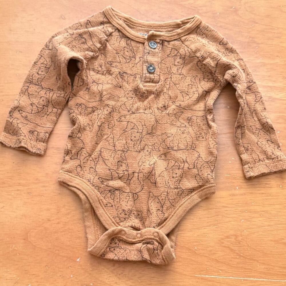Old Nay Bear Print Henley Button Onesie Bodysuit Long Sleeve Baby Boy 6-12 Month